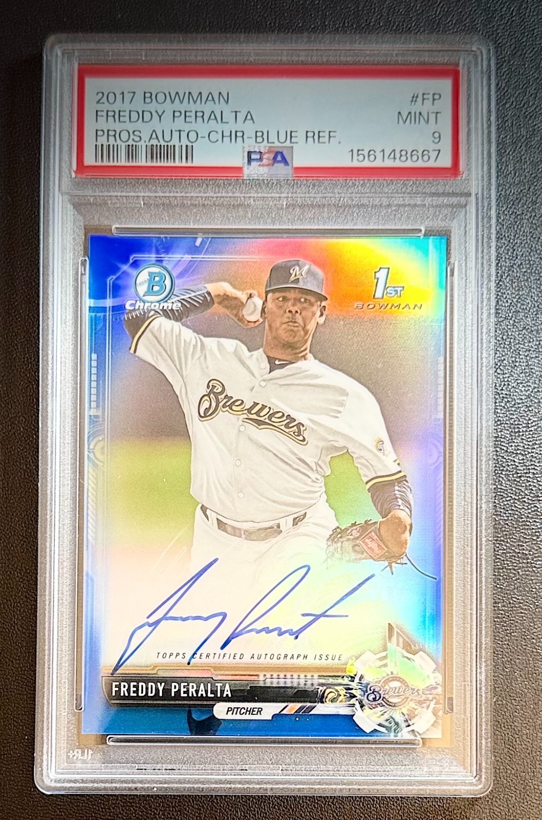 2017 Bowman Chrome Baseball Freddy Peralta 1st Prospects Auto /150 Blue PSA 9 view 1