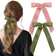 2PCS Satin Hair Bows and Clips Set: Pink 1 Count Pack of 2 , pink/greeen