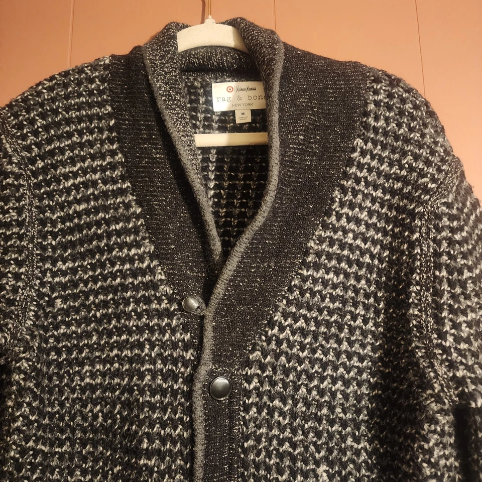 NEIMAN MARCUS RAG & BONE women's black/white wool/cotton button down cardigan M - Image 2 of 4