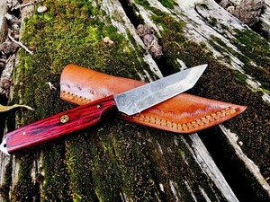 Hand Forged Japanese tanto knife mini blade with leather case