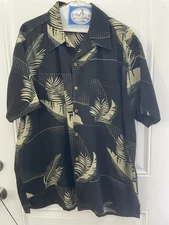 Paradise Found Black Hawaiian Shirt W/Black Palm Leaves SILK Size XL