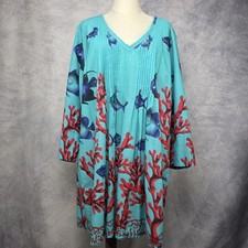 Soft Surroundings Dress Womens 1X Blue Fish Coral Print Cotton Tunic Kaftan