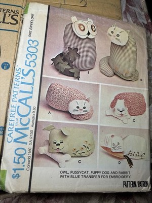 Vintage McCalls Crafts Sewing Pattern & Transfer Toy Owl Cat Rabbit Dog Uncut