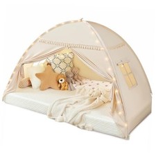 Toddler Canopy Lights Flags Indoor 75x40x46" Suggested for Twin Golden Beige