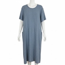 FLAX Blue Linen Dress Check Lagenlook Midi Pocket Dress M