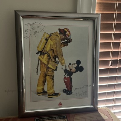 ''Disney Tribute to Firefighters'' Disney artist Charles Boyer Mickey Mouse Framed
