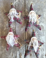 Primitive Santa Star Ornaments Set of 4 NWOT Glitter Christmas