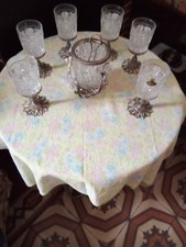 servizio 6 bicchieri cristallo lavorato base peltro con cestello ghiaccio anni60