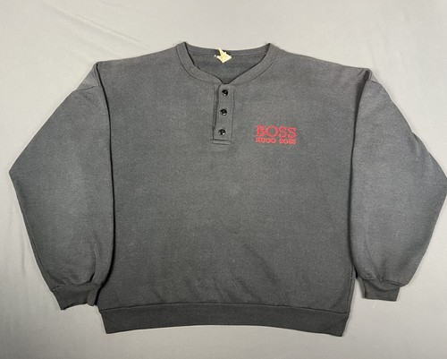 Hugo Boss, Vintage 90s Hugo Boss Sweatshirt Mens Large Black Faded Boxy Croppy Henley Boot
