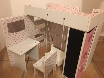 Puppenbett Götz Hochbett mit Kletterwand, Schaukel, Schrank, Schminktisch, Stuhl