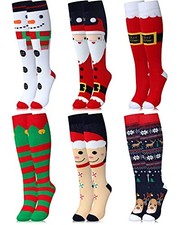 6 Pairs Christmas Knee High Socks for Women Bulk, Elf Gifts, Long Xmas