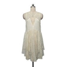 Free People Ivory Lace O-Ring Sleeveless Mini Dress Metallic Accents Size Medium