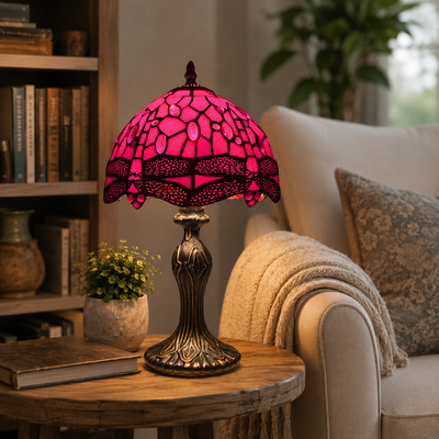 Tiffany Stil 8'' Akzent rot Tischlampe Handarbeit Buntglasschirm