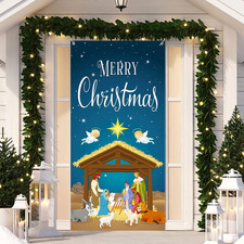 Christmas Nativity Scene Door Cover Merry Christmas Door Banner Backdrop Nativit