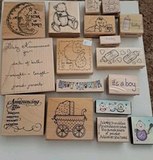 Lot 17 Wooden Rubber Stamps Baby Shower Birth Announcement It's A Boy Girl