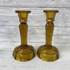 Vintage Art Deco Style Amber / Carnival Glass 6.5”Candle Stick Pair PC