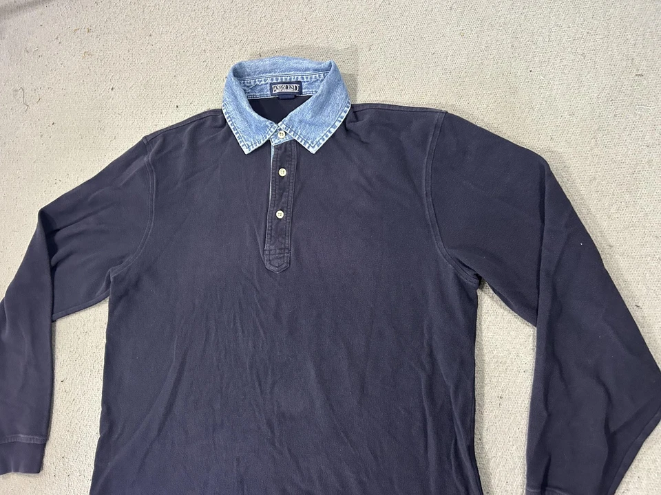 Camisa polo vintage Lands' End para hombre grande azul marino denim cuello cambray rugby años 90 Foto 2 de 4