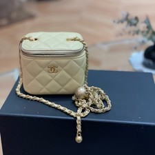 Chanel Mini Vanity Case Pale Yellow Leather Gold Ball Adjuster Chain Crossbody