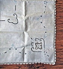 Vtg Table Topper 32" Square Wt Linen Handmade Lace Lt-Blue Embroidery