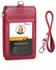 Badge Holder with Side Zip Pocket Multiple Card Slots Leather ID Holder Walle...