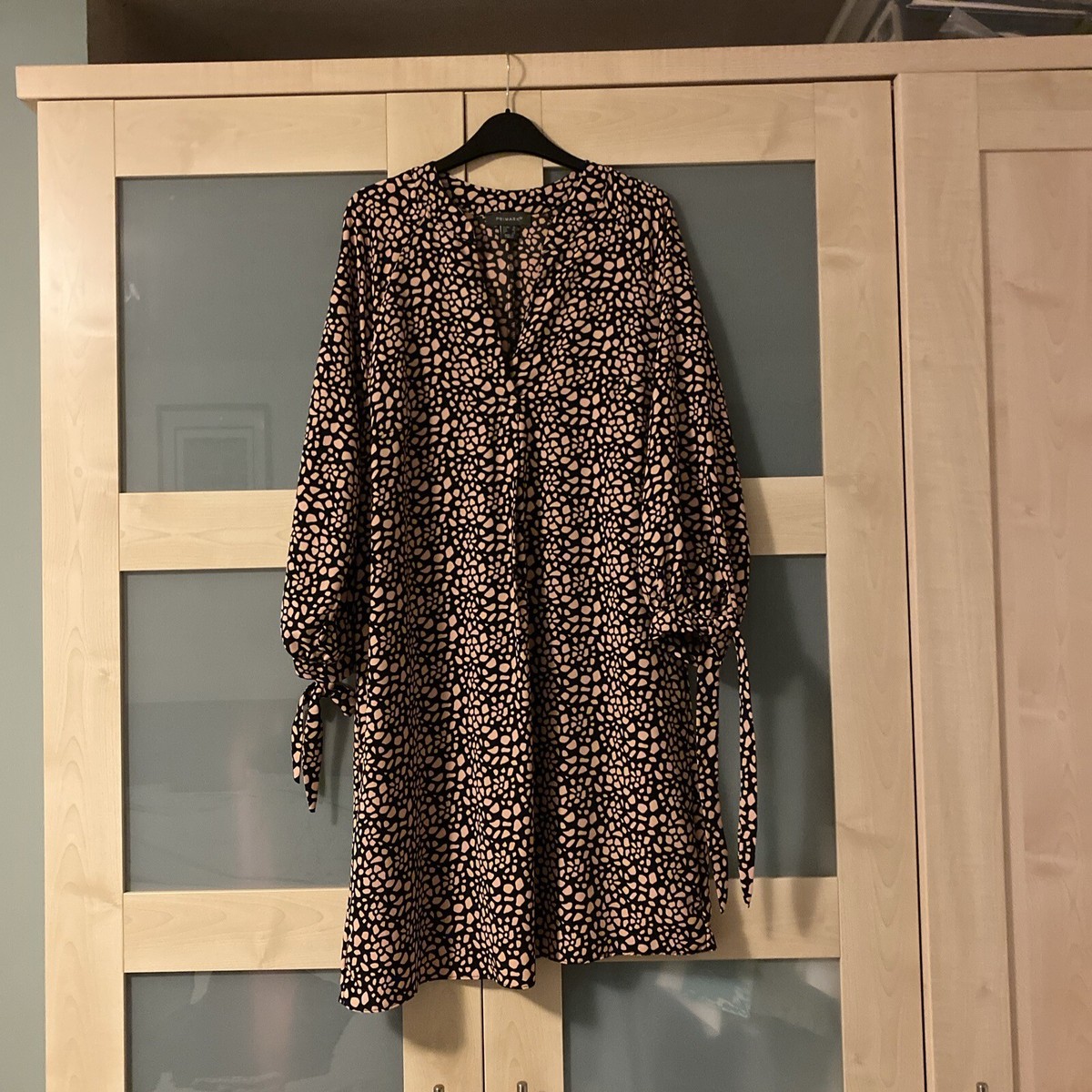 Ladies Primark Tunic Dress Giraffe Print Beige Black Tie Detail