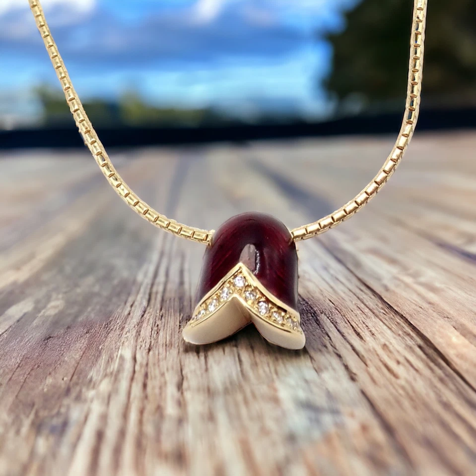 ¡Auténtico! Collar Colgante Fabrege Diamante Tulipán Esmalte Rojo Foto 2 de 4