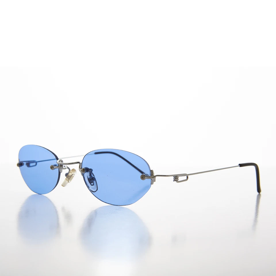 Овальные синие цветные винтажные солнцезащитные очки без оправы с линзами в серебристой оправе - перец - Изображение 2 из 3