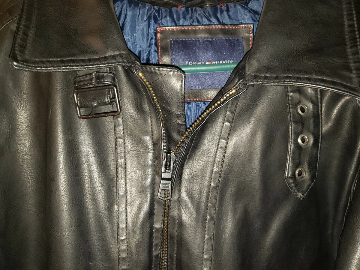 TOMMY HILFIGER Men s Dark Brown Faux Leather Jacket w buckle collar Size XL