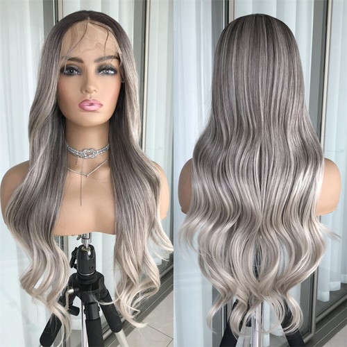 Parrucche sintetiche frontali Body Wave Highlight Cenere Biondo Cenere Pizzo Pre Spuffate Lunghe Ondulate - Foto 13 di 34