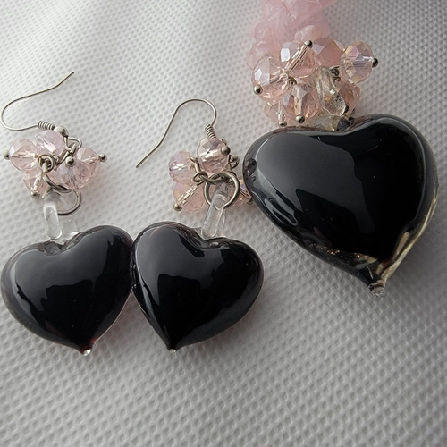 Rose Quartz, Pink Glass Heart Pendant 26" Necklace, Earrings Stainless Steel NEW - Picture 4 of 7