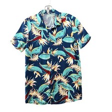 Youth Boys 13-14 Years Hawaiian Shirt Blue Rayon Short Sleeve Floral Tropical