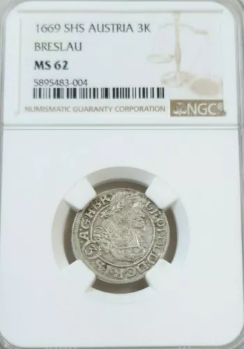 1669 SHS AUSTRIA SILVER 3 KREUZER 3K LEOPOLD I BRESLAU MINT NGC MS 62 BEAUTIFUL