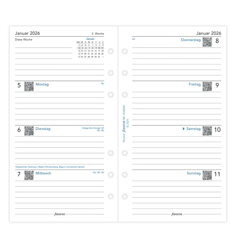 filofax Kalendereinlage 2026 PERSONAL 1 Woche / 2 Seiten Kalendarium 26-68440 - Bild 2 von 4