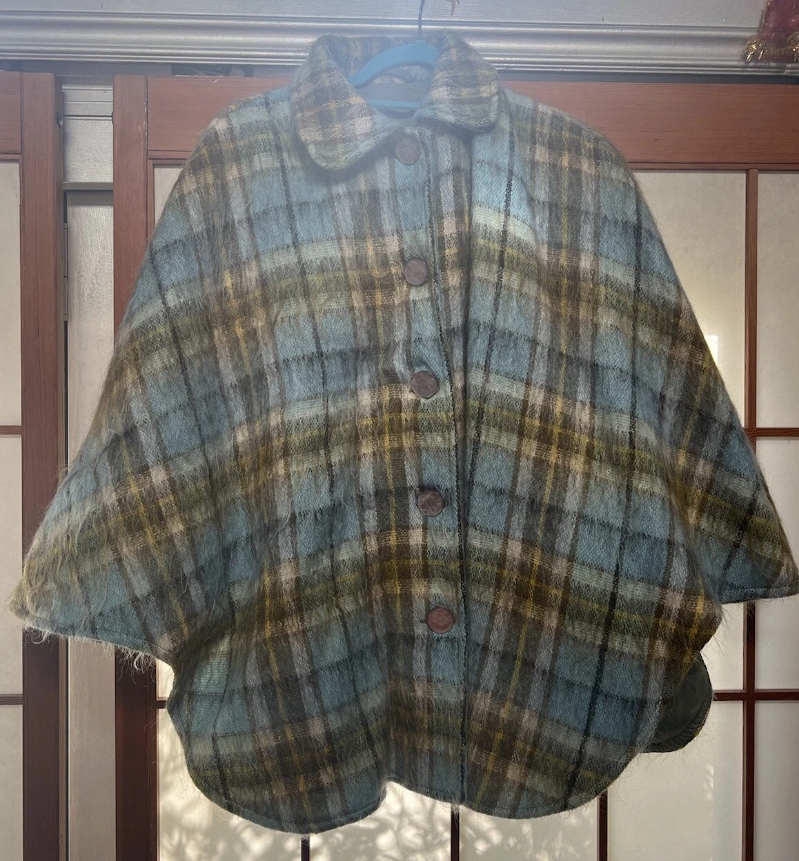 Vintage Strathtey Mohair Wool Blue Plaid Trench Cape Coat Poncho Sleeveless