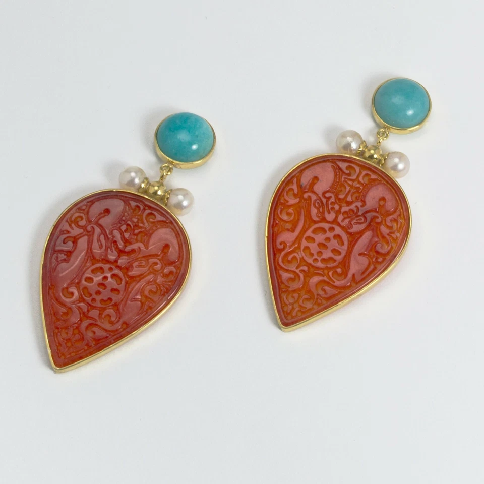 ORECCHINI IN ARGENTO 925 DORATO CON AMAZZONITE PERLE E GIADA ARANCIO AGHT 0721 - Immagine 2 di 3