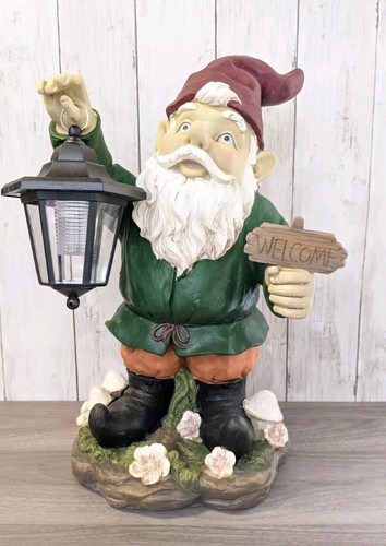 Garden Gnome Welcome Gnome Large Solar LED Black Lantern Statue Sculpture 16"