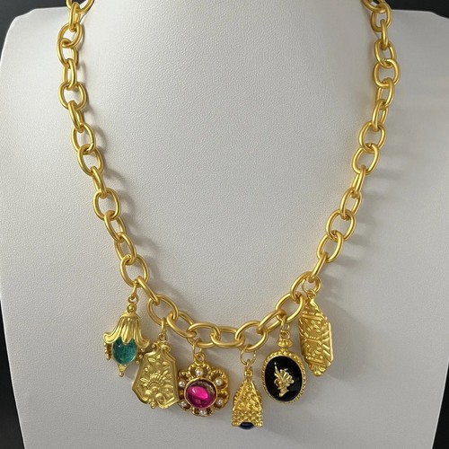 Matte Gold Jeweled Watch Fob Charms Chain Necklace Statement Enamel Cabochon - 第 3/9 張圖片