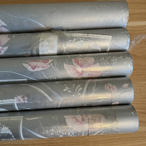 5 x Vintage Wallpaper Silver With Pink Floral Design - Salubra Pre-pasted Vinyl - Picture 4 of 19