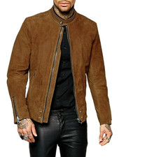 Brown Real Suede Leather Biker Jacket For Men Soft Lambskin Motorcycle Coat