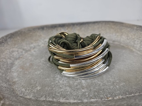 GILLIAN JULIUS Silver And Gold Tone Multi Tubes Bracelet Green Waxed Cotton Cord