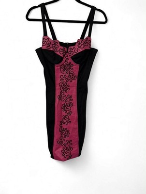 VTG Wild West By Marcello Black And Pink Bodycon Dress w/Floral Embroidery Sz 2