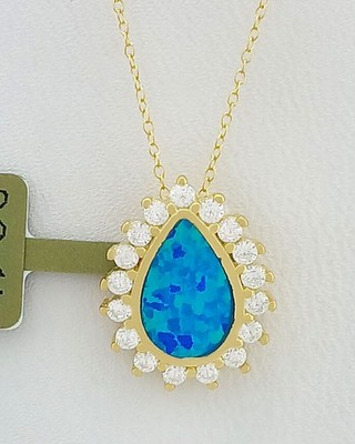 ECHT 1,50 kt OPAL & MIT SAPHIR ANHÄNGER HALSKETTE 14K GELBVERGOLDET (.925