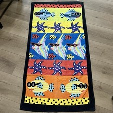 Vintage Sea Creatures Beach Towel 29x55 Colorful Retro Bright Star Fish 1970's