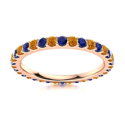 Full Eternity Round Citrine & Blue Sapphire 925 Sterling Silver Rose Plated Ring