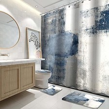 4Pcs Grey Bathroom Shower Curtain Sets with Rugs, Blue and Grey Blue-01