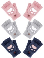 3 Pair Kids Fingerless Winter Gloves Convertible Flip Top Gloves Cat Paw Mitt...