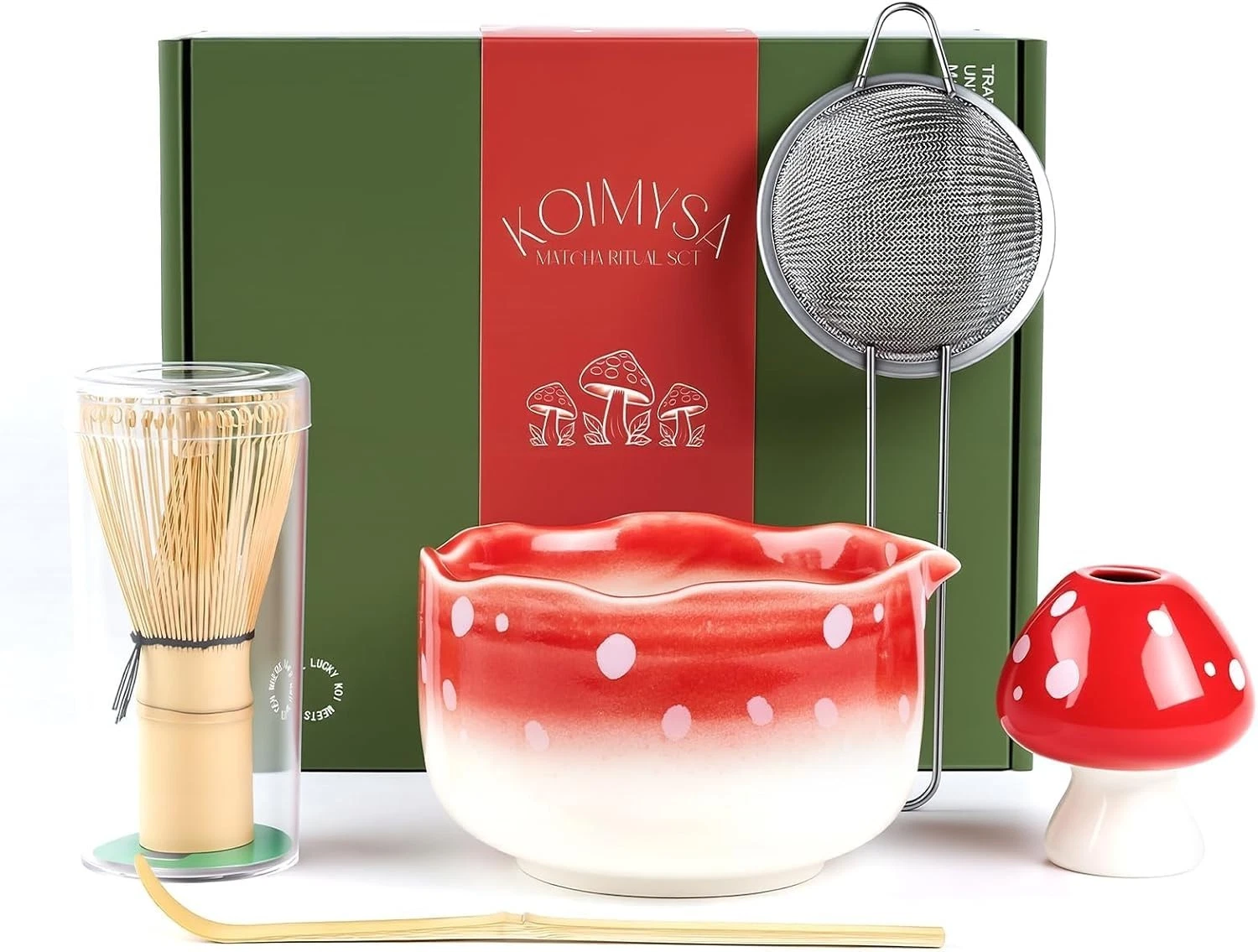 Cute Matcha Set With Mushroom Design Bowl & Whisk Holder NEW