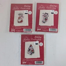 Janlynn Christmas Card Ribbon Embroidery Kit Lot of 3 Snowman Stocking xmas tree