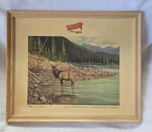 Vintage Great Falls Select Beer ELK IN COOL WATERS Les Peters Cardboard Sign