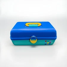 Vintage 90’s Caboodles Blue over Teal Retro Makeup Box Train Case Slide Trays